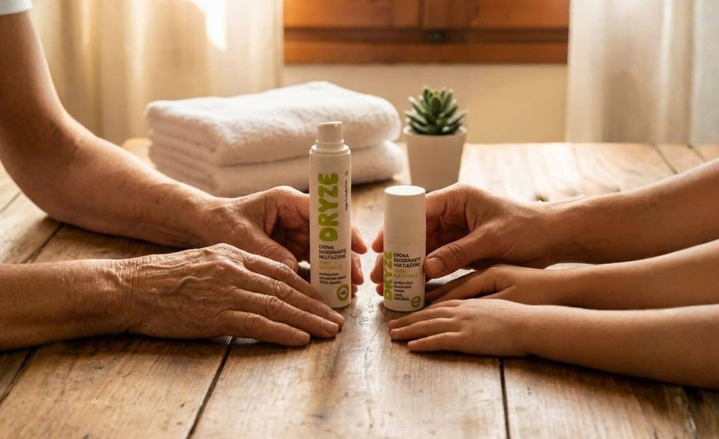 Crema deodorante naturale Dryze adatta a tutta la famiglia, mani di diverse generazioni su tavolo in legno.