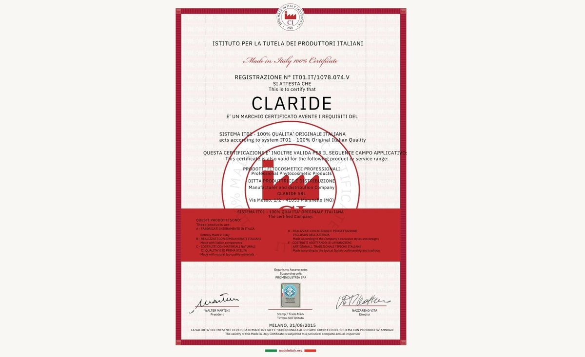 Certificato 100% Made in Italy di Claride Fitocosmesi