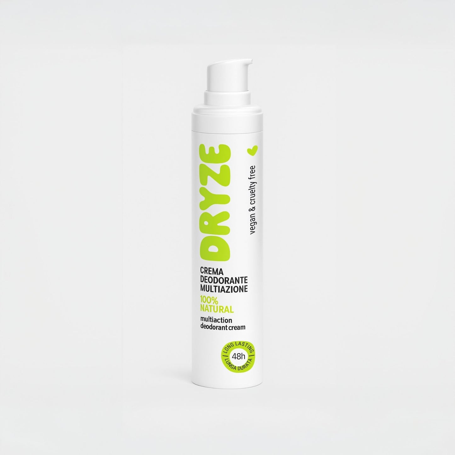 Flacone airless della crema deodorante multiazione Dryze, 100% naturale e vegan, con efficacia 48 ore.