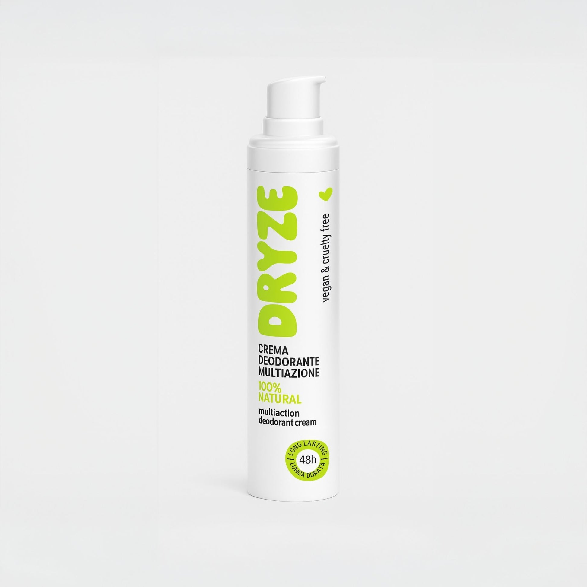 Flacone airless della crema deodorante multiazione Dryze, 100% naturale e vegan, con efficacia 48 ore.