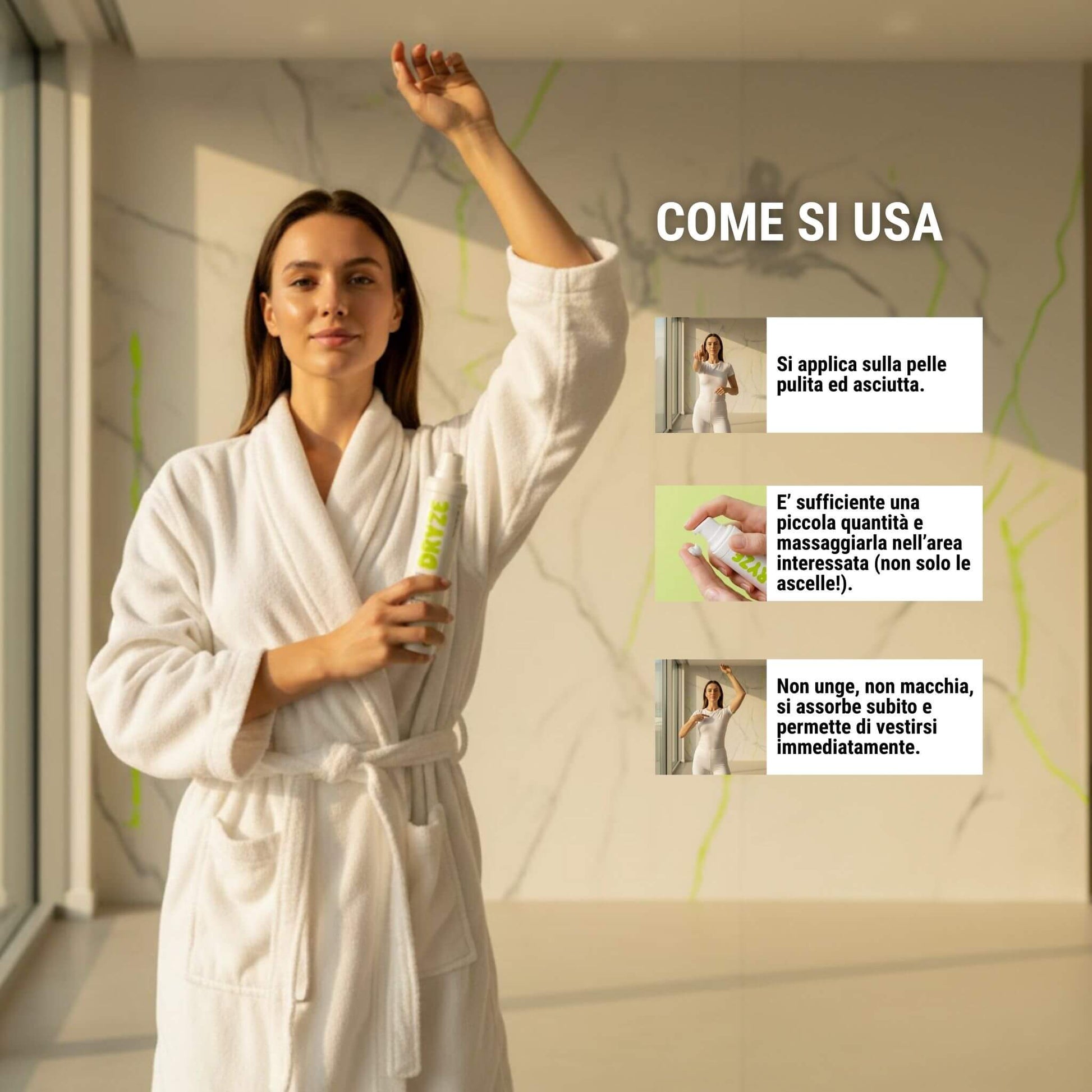 Guida come usare la crema deodorante Dryze: applicare su pelle pulita, massaggiare e vestirsi subito