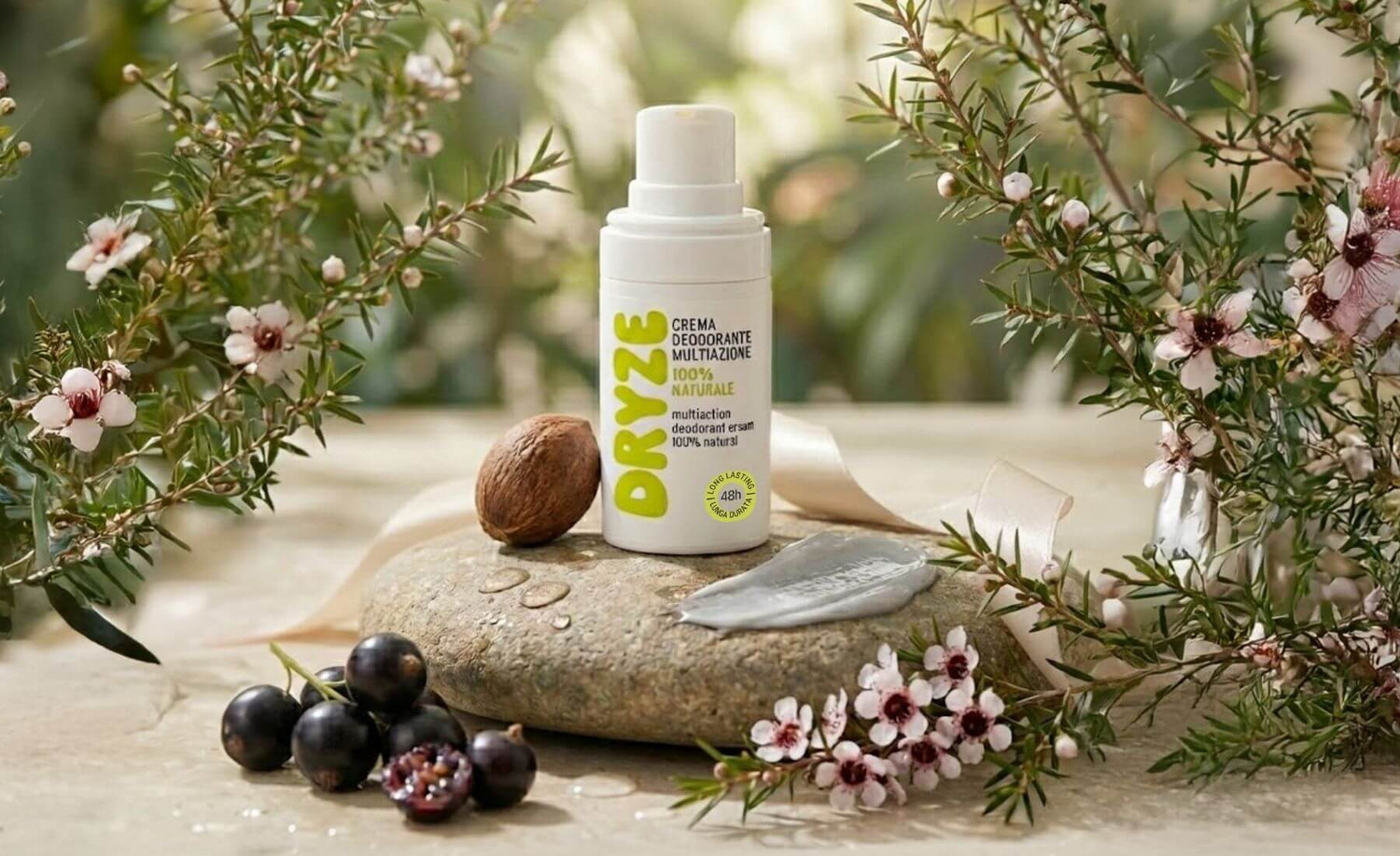 Dryze deodorante crema naturale con ingredienti botanici e texture delicata sulla pelle