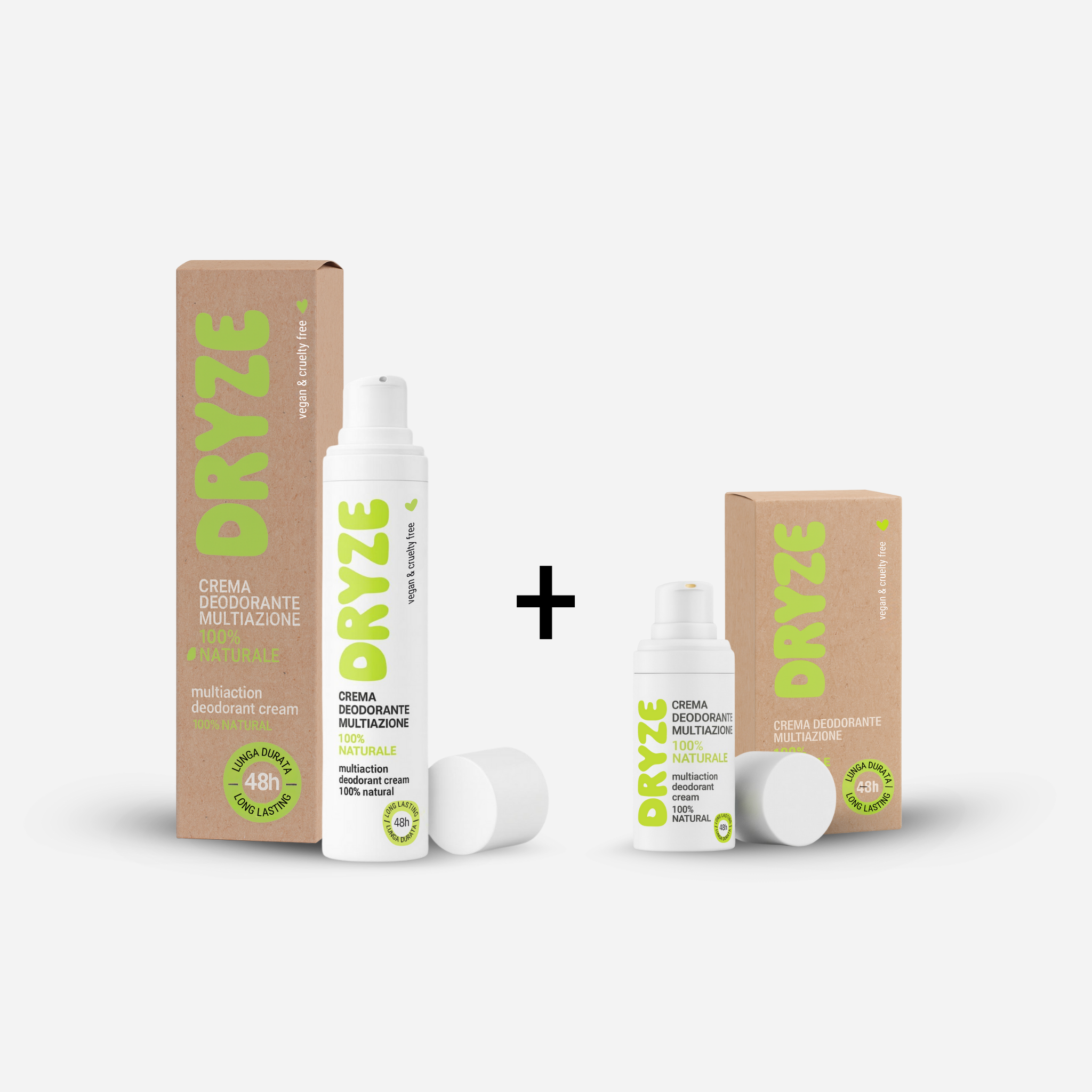 Dryze Pack Crema Deodorante Multiazione Naturale 48h. Confezione risparmio 50 ml airless più formato da viaggio 15 ml. Prodotto 100% naturale, vegano e cruelty-free.