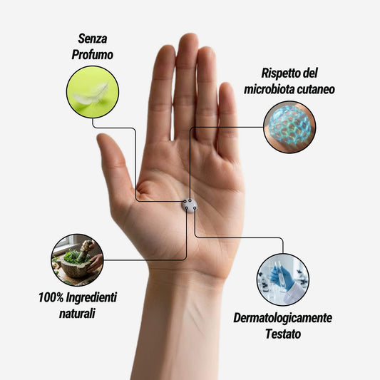 Texture crema deodorante Dryze sulla mano: senza profumo, 100% naturale, dermatologicamente testato e rispetta il microbiota cutaneo