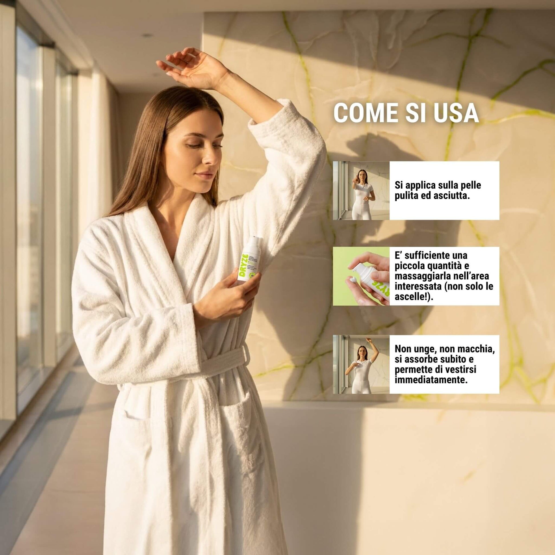 Infografica quadrata istruzioni applicazione deodorante crema Dryze