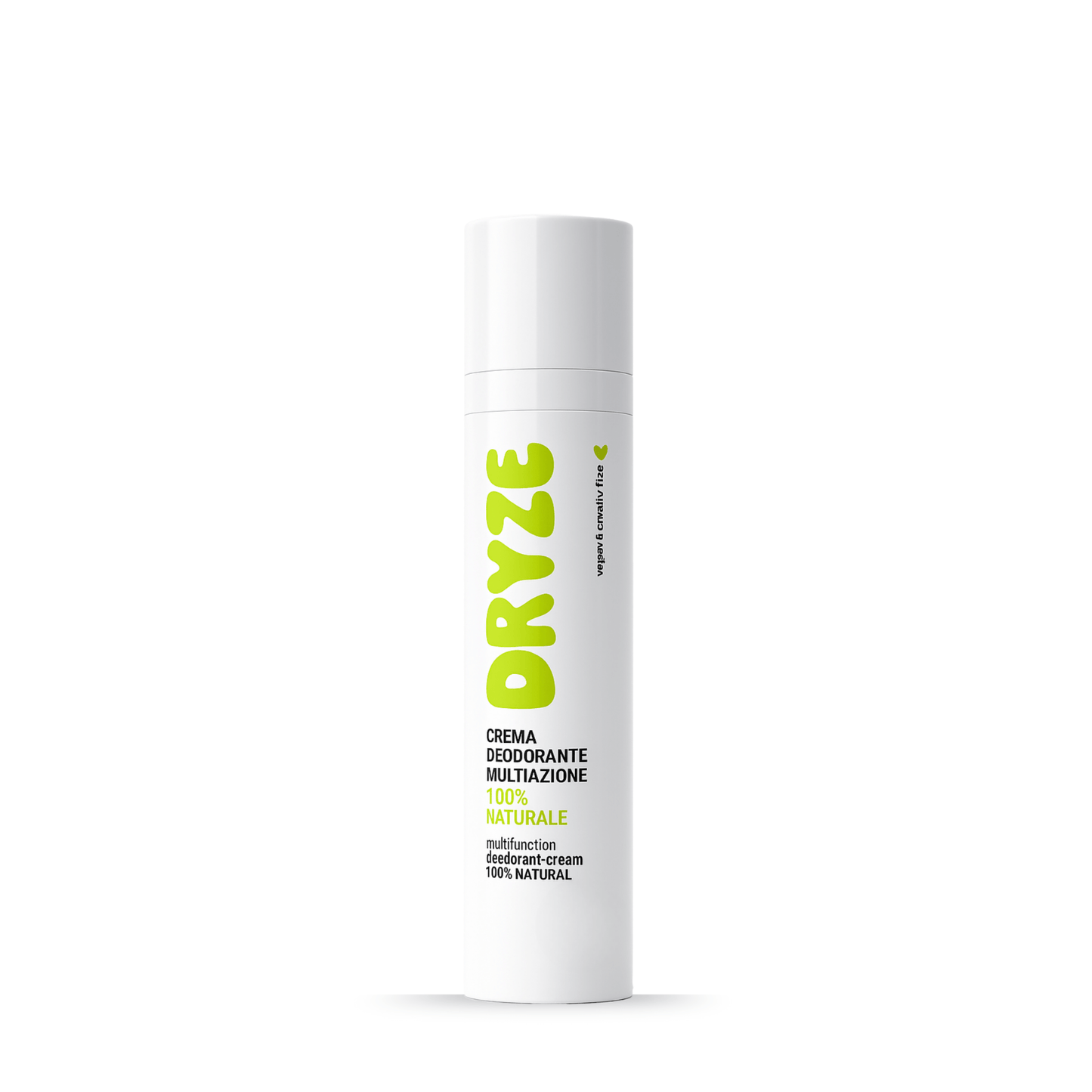 Deodorante DRYZE con tecnologia airless in flacone bianco con logo verde, crema deodorante multiazione 100% naturale con protezione 48 ore.
