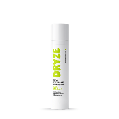 Deodorante DRYZE con tecnologia airless in flacone bianco con logo verde, crema deodorante multiazione 100% naturale con protezione 48 ore.